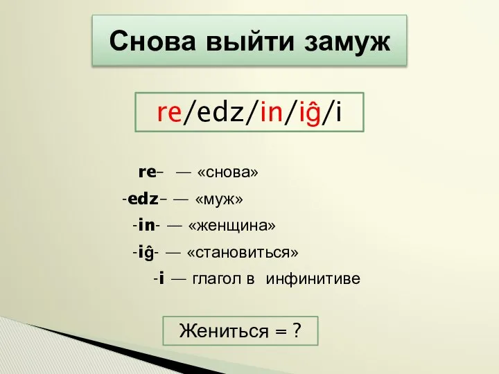 Снова выйти замуж re/edz/in/iĝ/i re– — «снова» -edz– — «муж» -in-