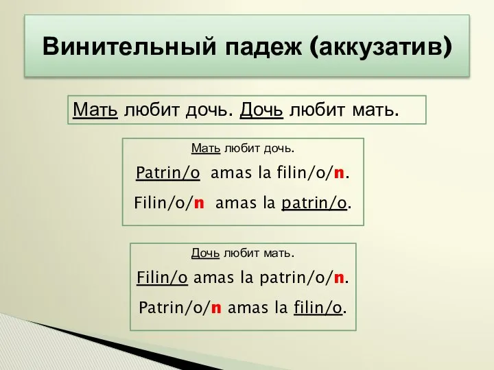 Винительный падеж (аккузатив) Мать любит дочь. Дочь любит мать. Мать любит