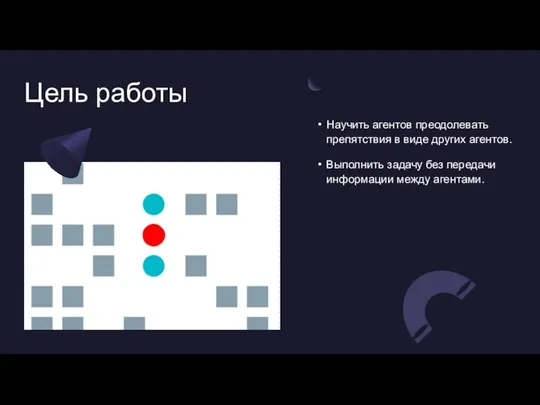 Цель работы Научить агентов преодолевать препятствия в виде других агентов. Выполнить