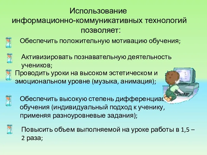 Использование информационно-коммуникативных технологий позволяет: Обеспечить положительную мотивацию обучения; Проводить уроки на