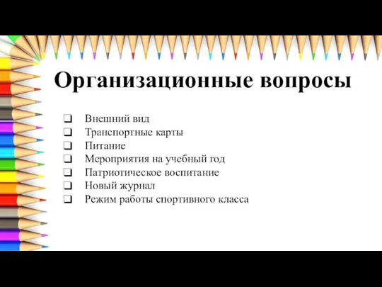 Организационные вопросы Внешний вид Транспортные карты Питание Мероприятия на учебный год