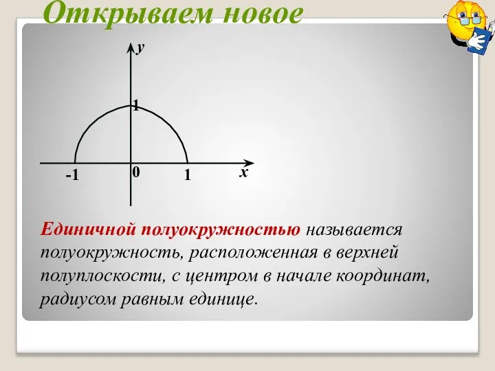 Открываем новое Единичной полуокружностью называется полуокружность, расположенная в верхней полуплоскости, с