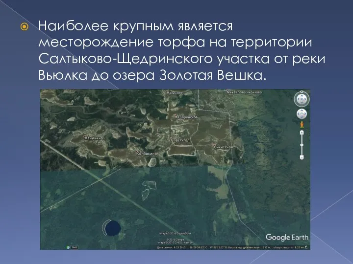 Наиболее крупным является месторождение торфа на территории Салтыково-Щедринского участка от реки Вьюлка до озера Золотая Вешка.