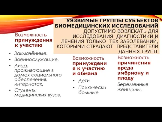 УЯЗВИМЫЕ ГРУППЫ СУБЪЕКТОВ БИОМЕДИЦИНСКИХ ИССЛЕДОВАНИЙ ДОПУСТИМО ВОВЛЕКАТЬ ДЛЯ ИССЛЕДОВАНИЯ ДИАГНОСТИКИ И