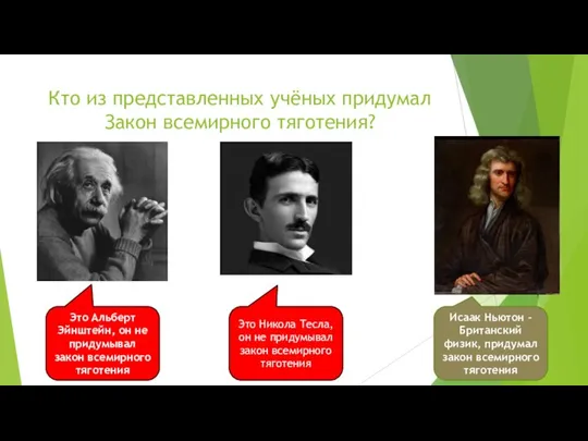 Кто из представленных учёных придумал Закон всемирного тяготения? Это Альберт Эйнштейн,