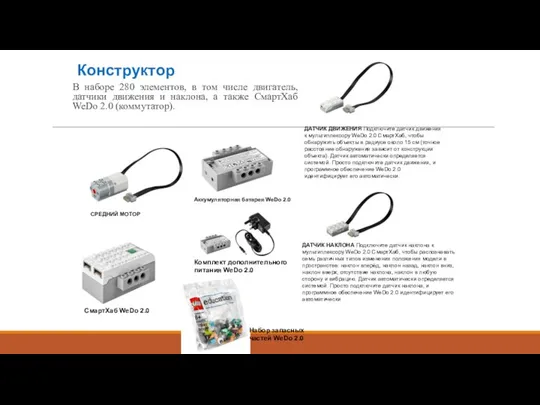 Конструктор В наборе 280 элементов, в том числе двигатель, датчики движения