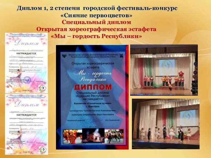 Диплом 1, 2 степени городской фестиваль-конкурс «Сияние первоцветов» Специальный диплом Открытая