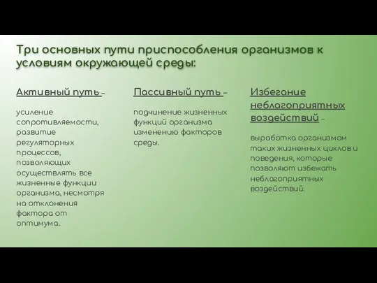 Три основных пути приспособления организмов к условиям окружающей среды: Активный путь