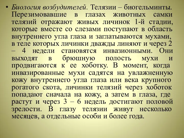 Биология возбудителей. Телязии – биогельминты. Перезимовавшие в глазах животных самки телязий