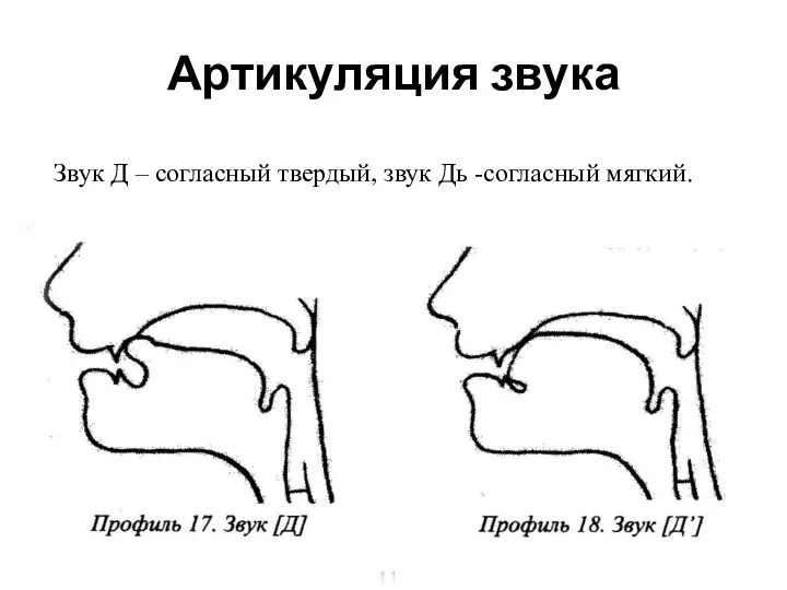 Артикуляция звука Звук Д – согласный твердый, звук Дь -согласный мягкий.