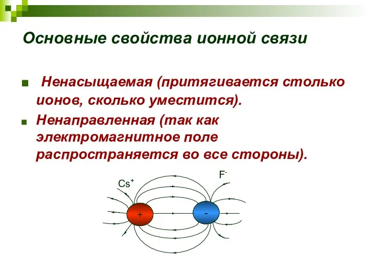 Основные свойства ионной связи Ненасыщаемая (притягивается столько ионов, сколько уместится). Ненаправленная