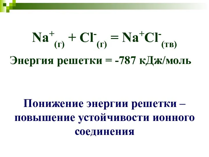 Na+(г) + Сl-(г) = Na+Cl-(тв) Энергия решетки = -787 кДж/моль Понижение