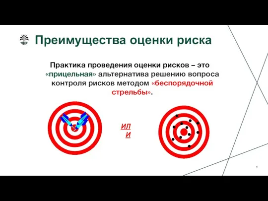 Преимущества оценки риска Практика проведения оценки рисков – это «прицельная» альтернатива