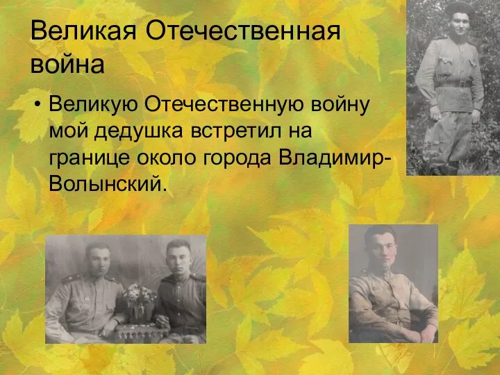 Великая Отечественная война Великую Отечественную войну мой дедушка встретил на границе около города Владимир-Волынский.