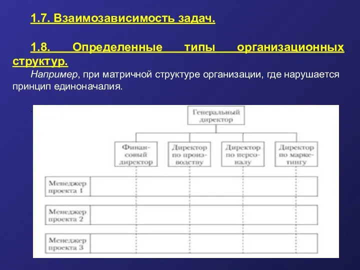 1.7. Взаимозависимость задач. 1.8. Определенные типы организационных структур. Например, при матричной