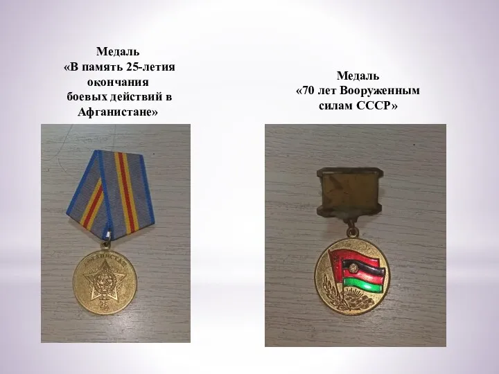 Медаль «В память 25-летия окончания боевых действий в Афганистане» Медаль «70 лет Вооруженным силам СССР»