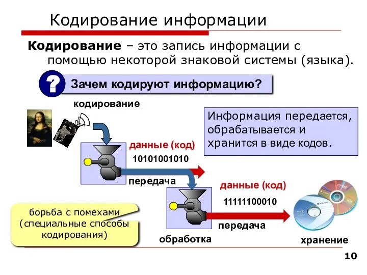 Кодирование информации Кодирование – это запись информации с помощью некоторой знаковой