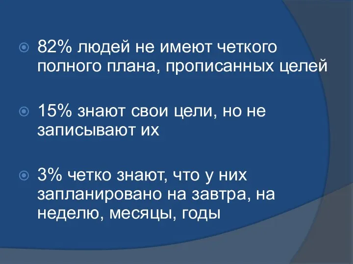 82% людей не имеют четкого полного плана, прописанных целей 15% знают