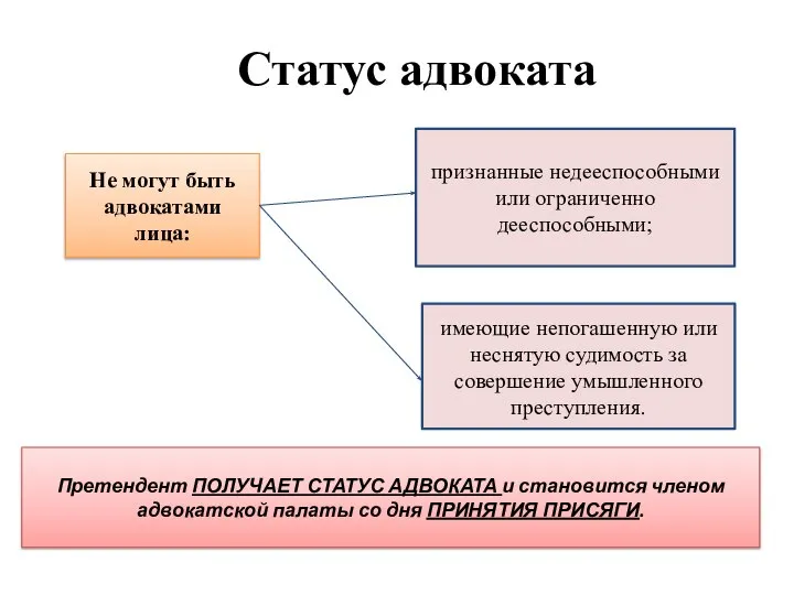 Статус адвоката Не могут быть адвокатами лица: признанные недееспособными или ограниченно