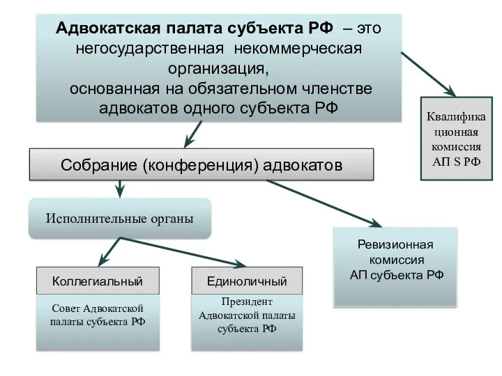 Собрание (конференция) адвокатов Единоличный Коллегиальный Ревизионная комиссия АП субъекта РФ Исполнительные