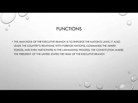 FUNCTIONS THE MAIN ROLE OF THE EXECUTIVE BRANCH IS TO ENFORCE