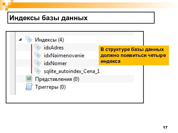 Индексы базы данных В структуре базы данных должно появиться четыре индекса