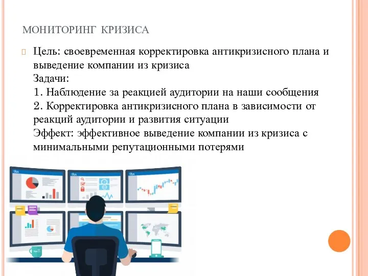 мониторинг кризиса Цель: своевременная корректировка антикризисного плана и выведение компании из