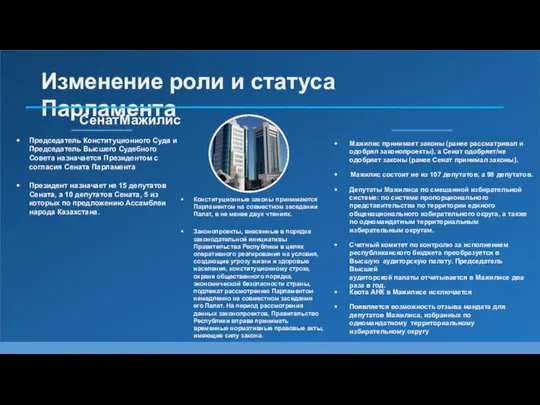 Изменение роли и статуса Парламента Мажилис принимает законы (ранее рассматривал и