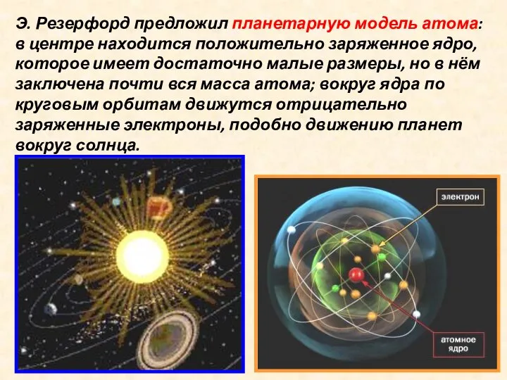 Э. Резерфорд предложил планетарную модель атома: в центре находится положительно заряженное