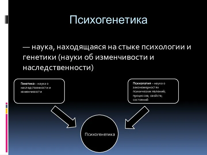 Психогенетика — наука, находящаяся на стыке психологии и генетики (науки об