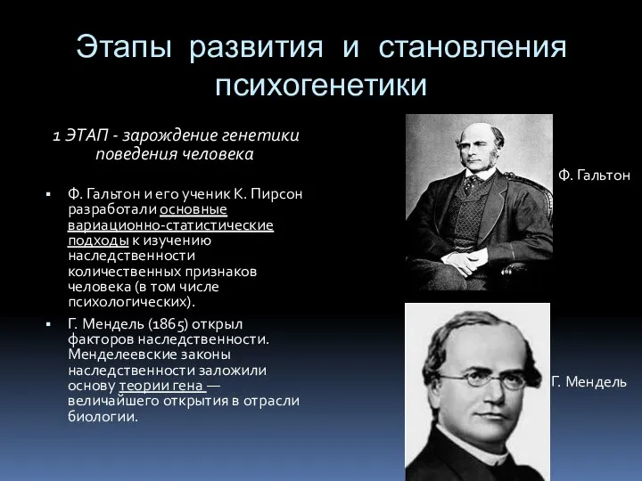 Этапы развития и становления психогенетики 1 ЭТАП - зарождение генетики поведения