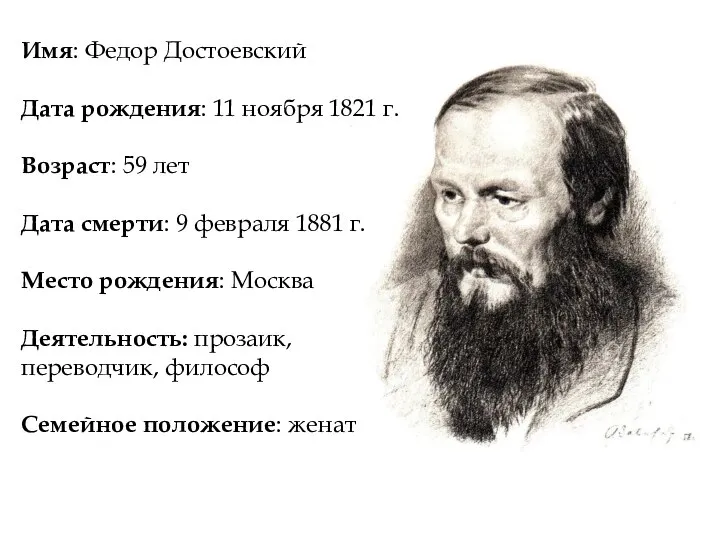 Имя: Федор Достоевский Дата рождения: 11 ноября 1821 г. Возраст: 59