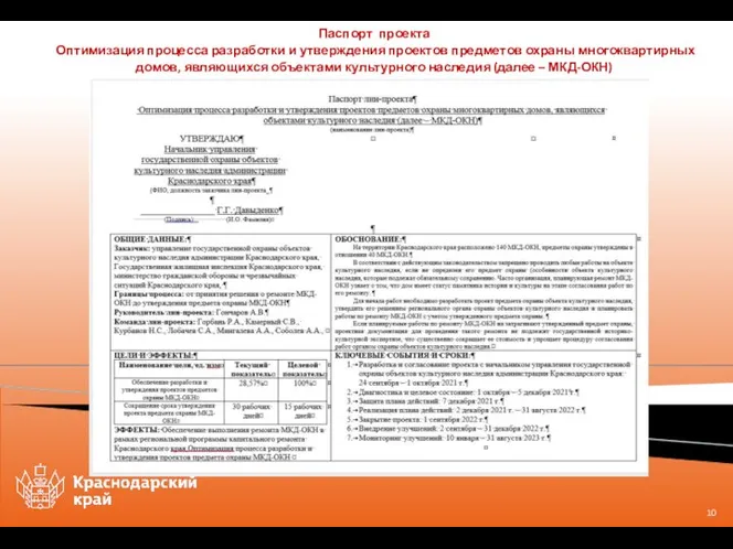 Паспорт проекта Оптимизация процесса разработки и утверждения проектов предметов охраны многоквартирных