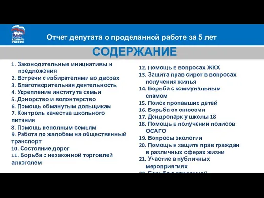 Отчет депутата о проделанной работе за 5 лет . 1. Законодательные