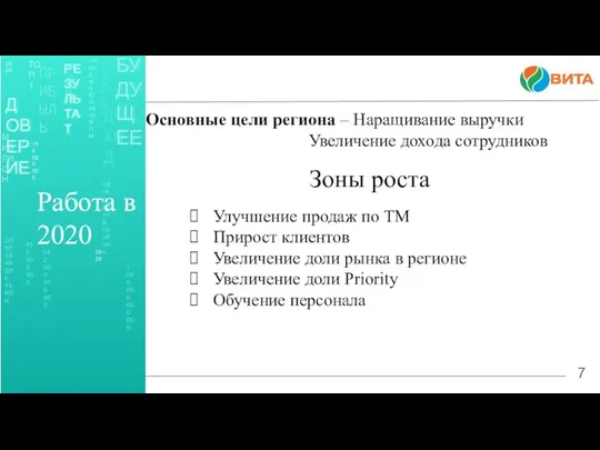 7 Зоны роста Улучшение продаж по ТМ Прирост клиентов Увеличение доли