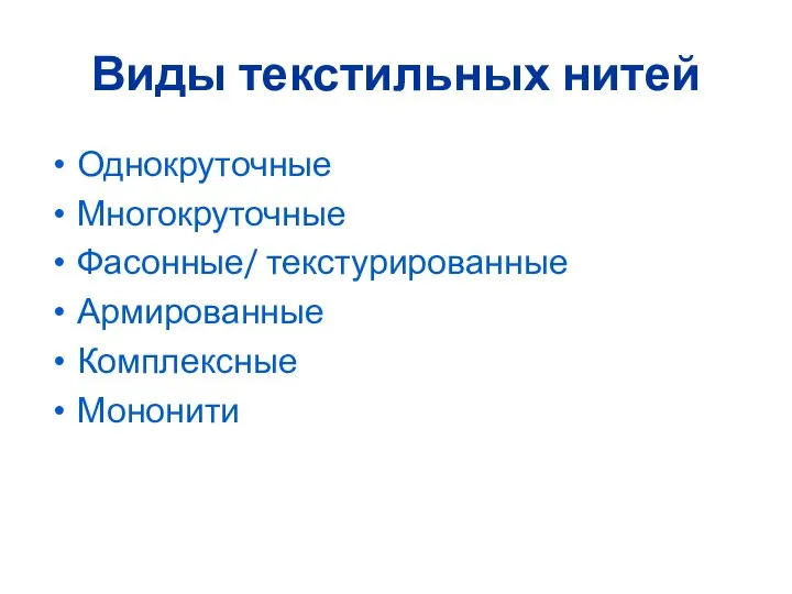 Виды текстильных нитей Однокруточные Многокруточные Фасонные/ текстурированные Армированные Комплексные Мононити