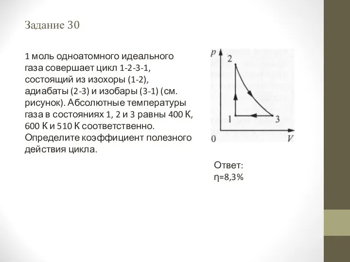 Задание 30 Ответ: η=8,3% 1 моль одноатомного идеального газа совершает цикл