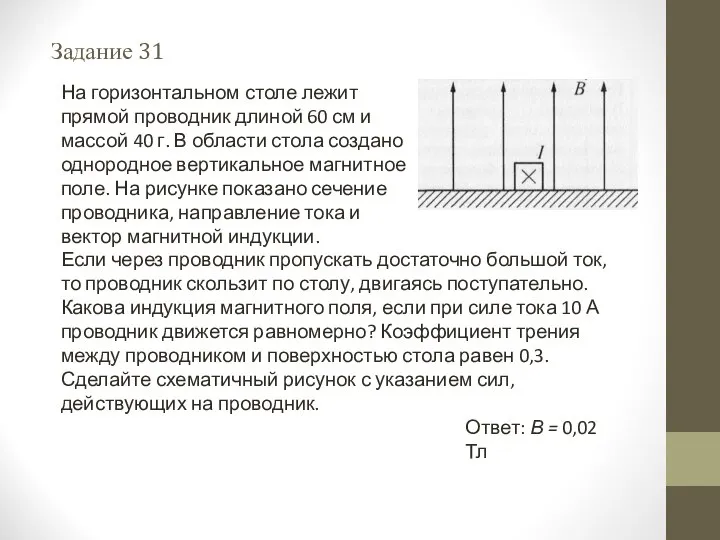 Задание 31 Ответ: В = 0,02 Тл На горизонтальном столе лежит