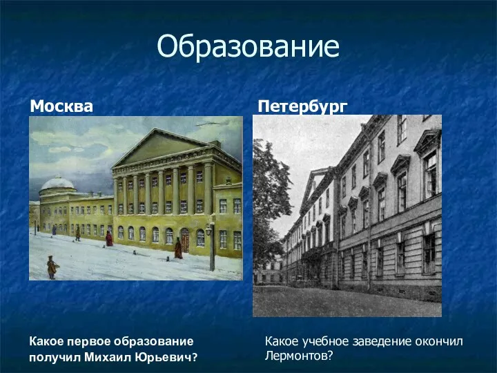 Образование Москва Петербург Какое первое образование получил Михаил Юрьевич? Какое учебное заведение окончил Лермонтов?