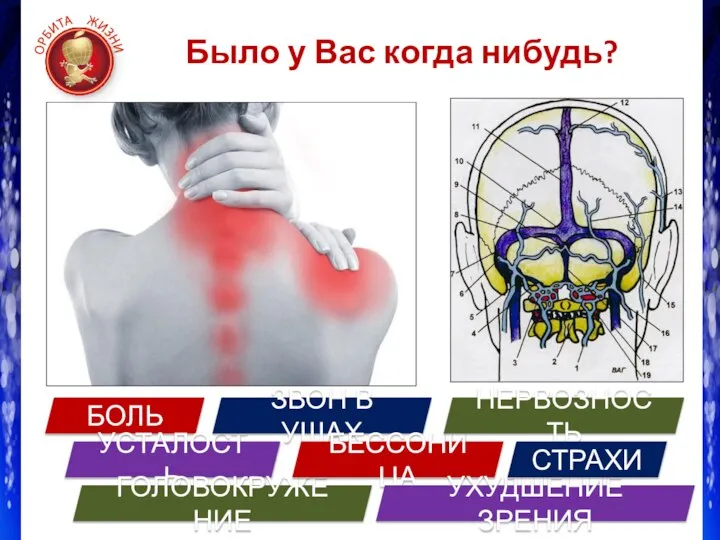 Было у Вас когда нибудь? БОЛЬ УСТАЛОСТЬ ГОЛОВОКРУЖЕНИЕ ЗВОН В УШАХ БЕССОНИЦА НЕРВОЗНОСТЬ УХУДШЕНИЕ ЗРЕНИЯ СТРАХИ