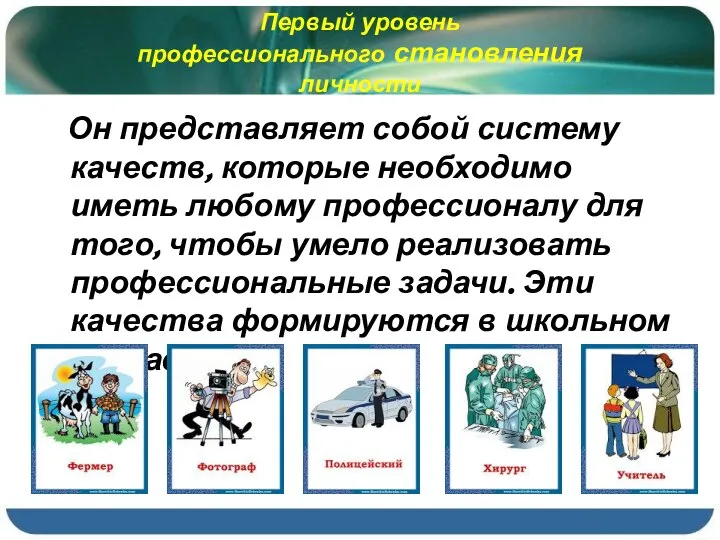 Первый уровень профессионального становления личности Он представляет собой систему качеств, которые