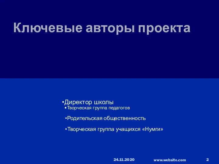 Ключевые авторы проекта Директор школы Творческая группа педагогов Родительская общественность Творческая группа учащихся «Нумги»