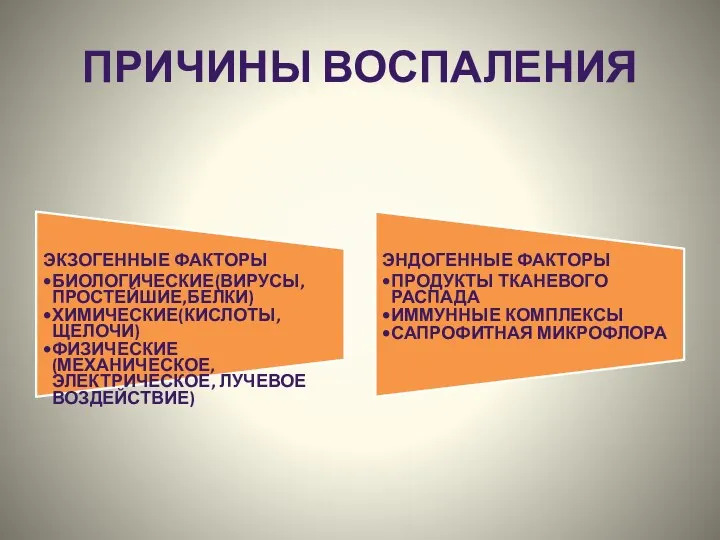 ПРИЧИНЫ ВОСПАЛЕНИЯ ЭКЗОГЕННЫЕ ФАКТОРЫ БИОЛОГИЧЕСКИЕ(ВИРУСЫ, ПРОСТЕЙШИЕ,БЕЛКИ) ХИМИЧЕСКИЕ(КИСЛОТЫ, ЩЕЛОЧИ) ФИЗИЧЕСКИЕ(МЕХАНИЧЕСКОЕ, ЭЛЕКТРИЧЕСКОЕ, ЛУЧЕВОЕ