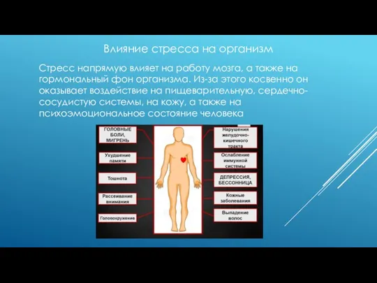 Влияние стресса на организм Стресс напрямую влияет на работу мозга, а