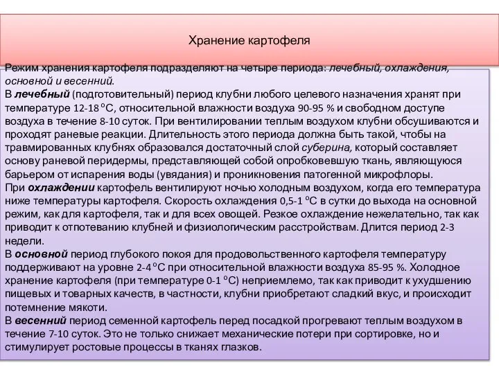 Хранение картофеля Режим хранения картофеля подразделяют на четыре периода: лечебный, охлаждения,