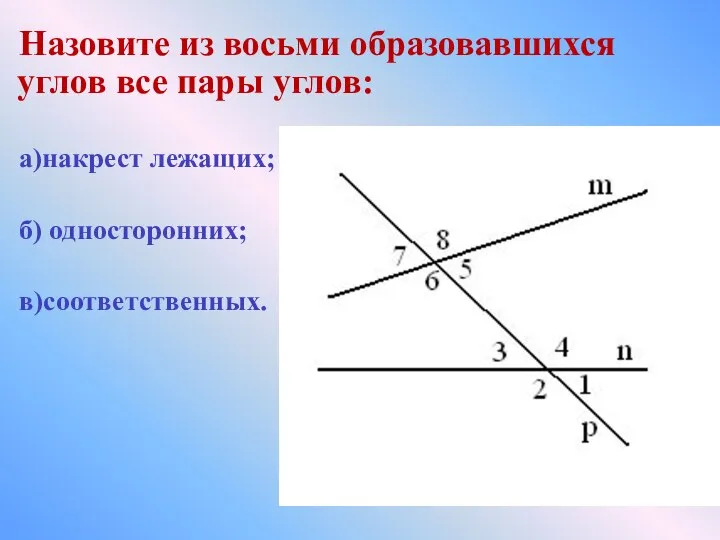 Назовите из восьми образовавшихся углов все пары углов: а)накрест лежащих; б) односторонних; в)соответственных.