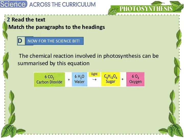 D The chemical reaction involved in photosynthesis can be summarised by