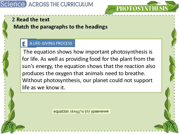 E The equation shows how important photosynthesis is for life. As