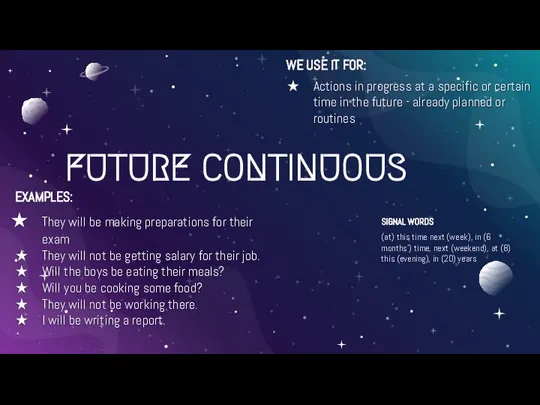 FUTURE CONTINUOUS WE USE IT FOR: Actions in progress at a