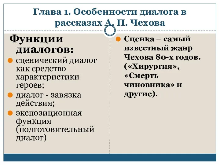 Глава 1. Особенности диалога в рассказах А. П. Чехова Функции диалогов: